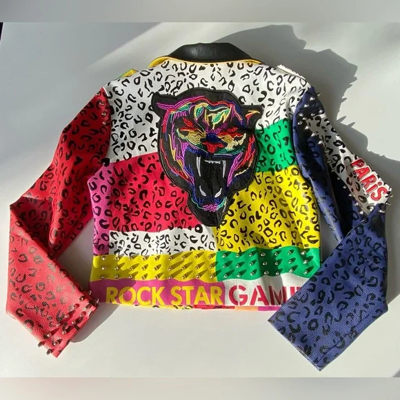AZALEA WANG Studded Moto Jacket, Wonka Colors Rock Star Game Moto Jacket Sz: XL - Picture 7 of 16